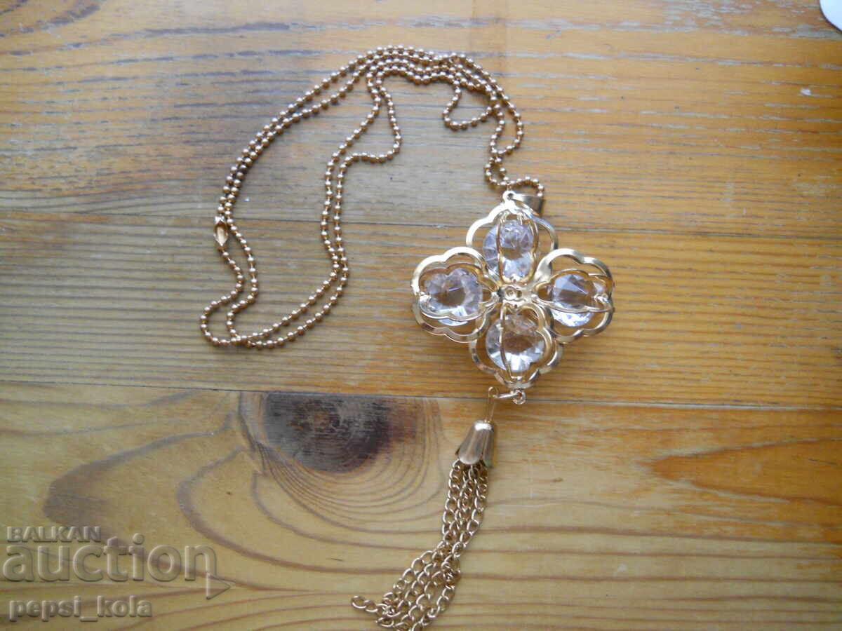 Gold necklace with crystals - flower with tassel
