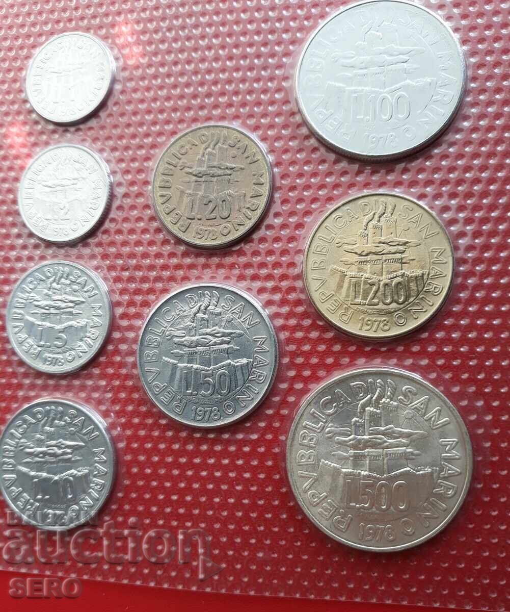 Сан Марино-СЕТ 1978 от 9 монети-500 лири са сребърни с цена € 38.30 | 74.91 лв.