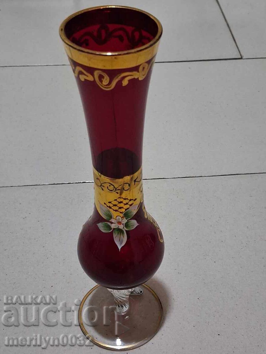 Παλιό βάζο Βοημίας κόκκινο γυαλί χειροποίητο - 7