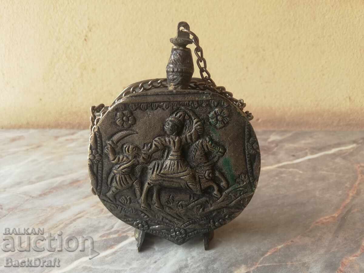 Old Embossed Powder Flask, cartridge belt, cartridge holder, pistol, rifle Old Embossed Powder Flask, cartridge belt, cartridge holder, pistol, rifle