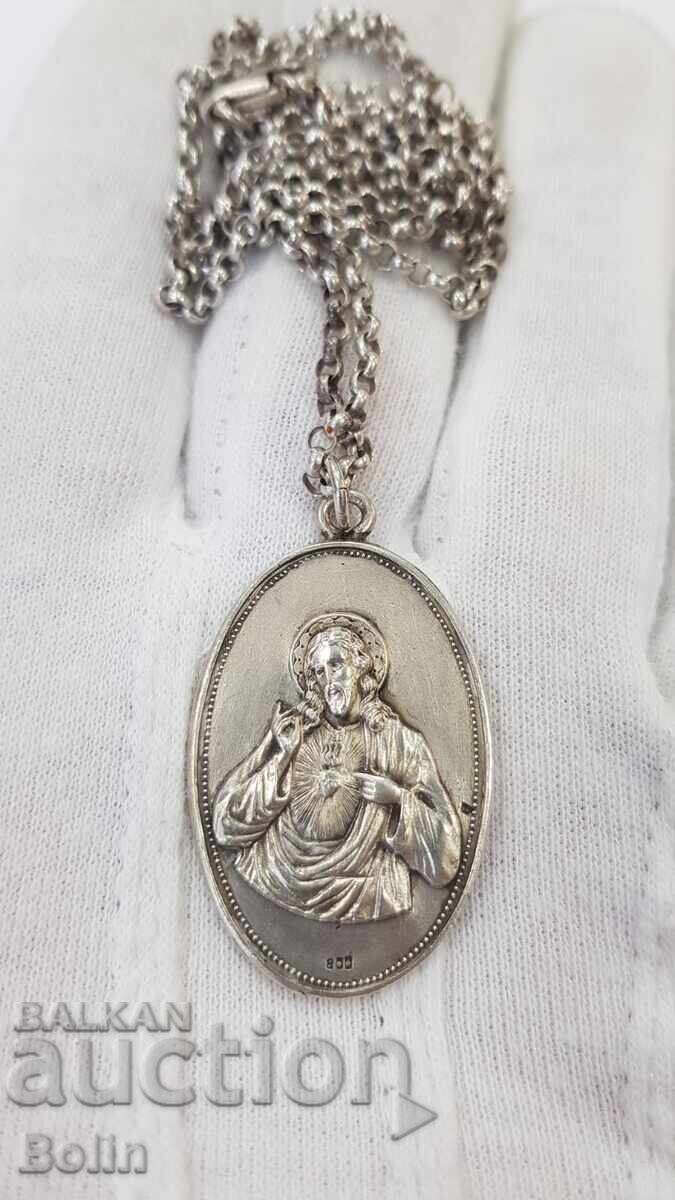 Аукцион Рядък двустранен сребърен медальон с Иисус Христос - Европа Аукцион Рядък двустранен сребърен медальон с Иисус Христос - Европа