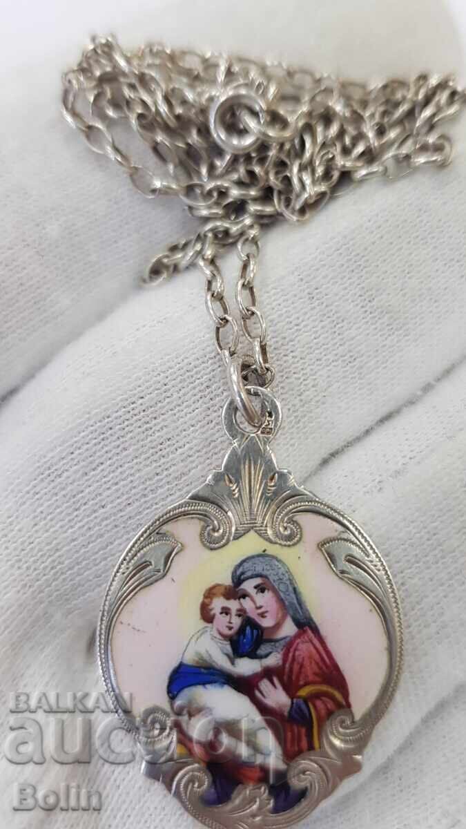 Auction  Rare Silver Pendant with Virgin Mary and Jesus Christ with Enamel