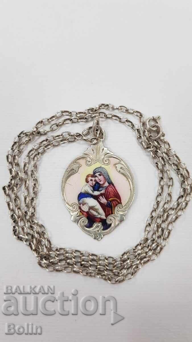 Rare Silver Pendant with Virgin Mary and Jesus Christ with Enamel - 5
