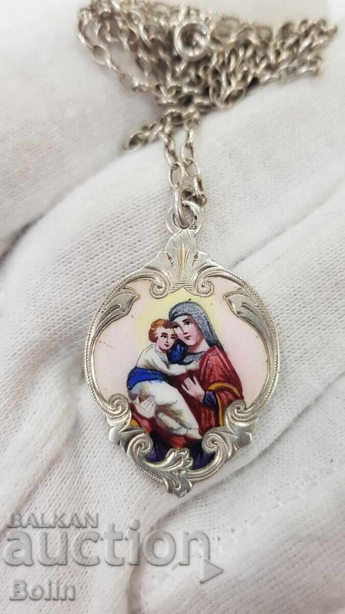 Rare Silver Pendant with Virgin Mary and Jesus Christ with Enamel - 7