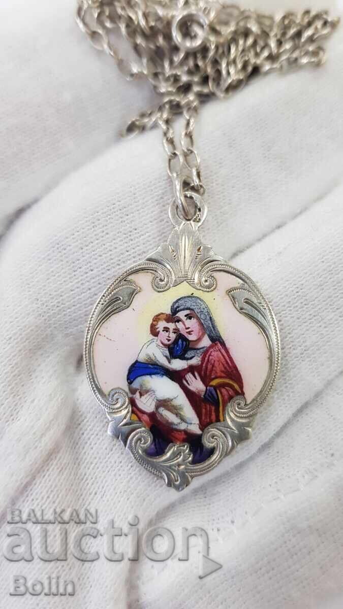 Rare Silver Pendant with Virgin Mary and Jesus Christ with Enamel