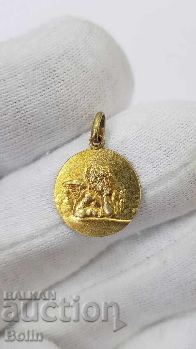 Rare bronze, gold-plated pendant with a Cherub Angel, Europe - 6
