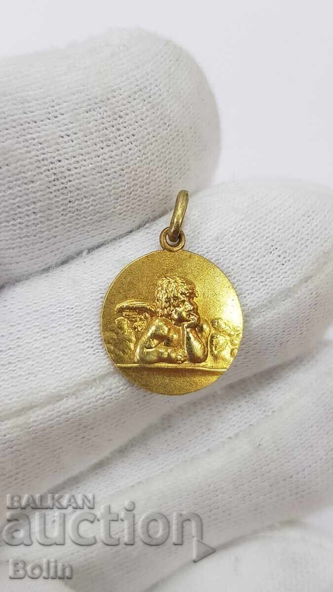 Rare bronze, gold-plated pendant with a Cherub Angel, Europe