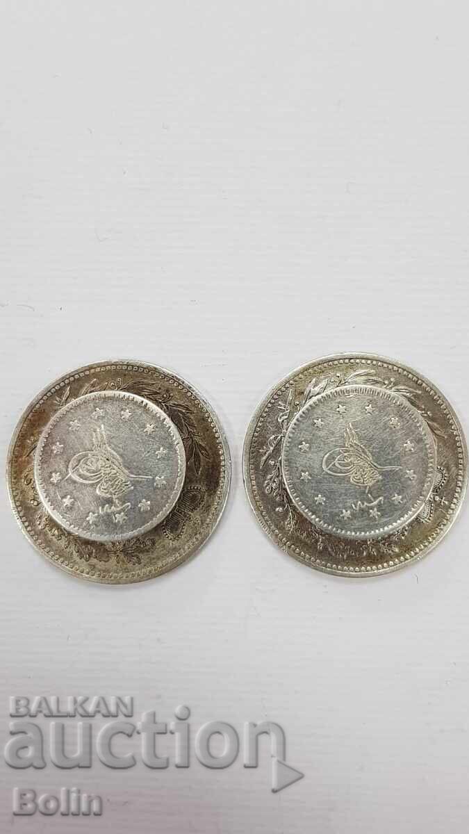 Licitație Butoni argint colecție cu monedă, monede sec. 19 - 20 Licitație Butoni argint colecție cu monedă, monede sec. 19 - 20