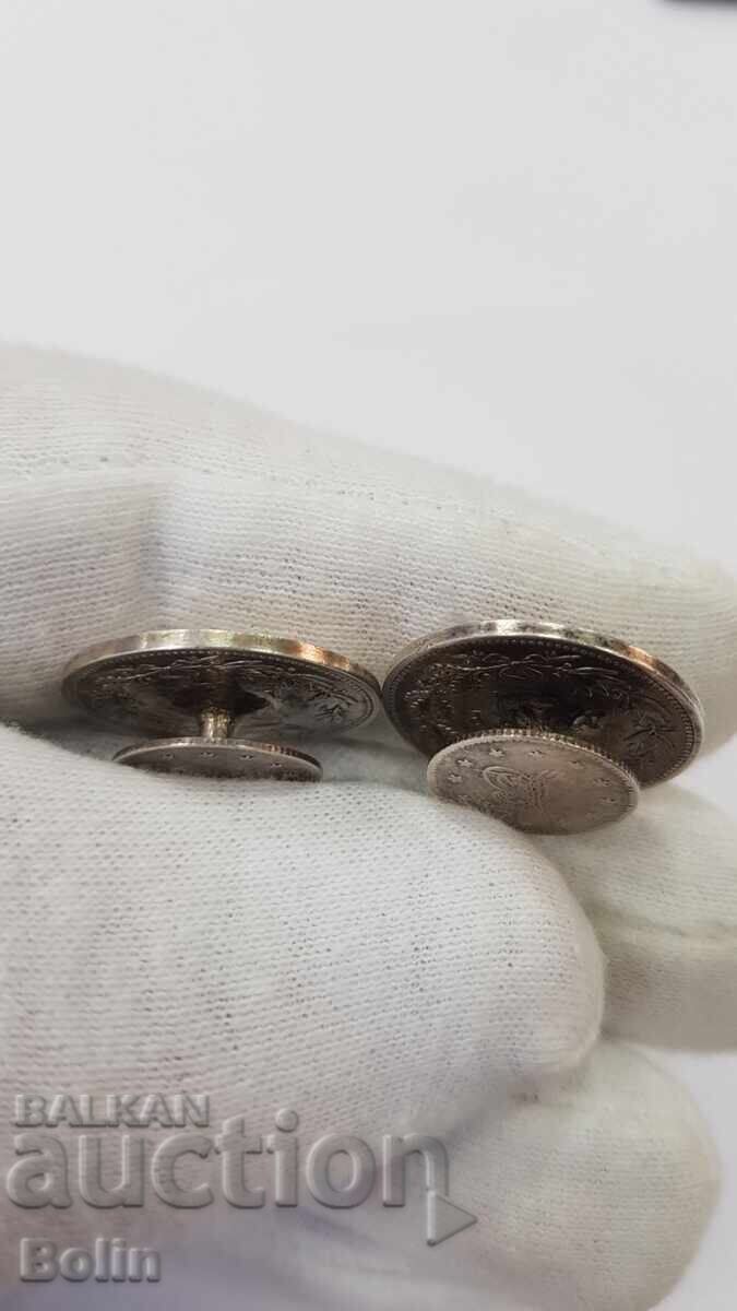 Butoni argint colecție cu monedă, monede sec. 19 - 20 - 6 Butoni argint colecție cu monedă, monede sec. 19 - 20 - 6