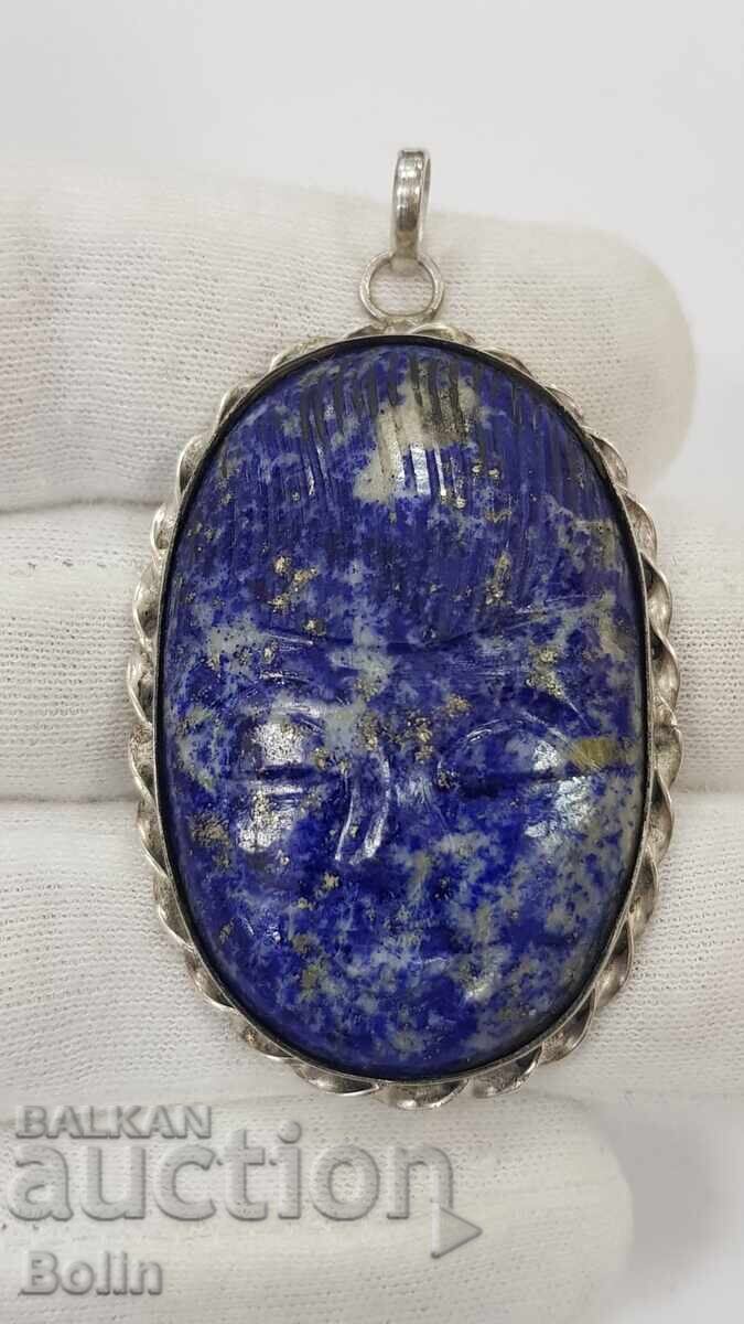 Συλλεκτικό ασημένιο μενταγιόν, λάπις λάζουλι - καμέο - 20ος αιώνας