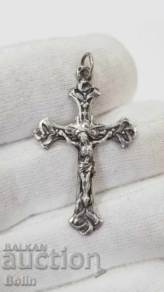 Cruce de argint de colecție ART-NOUVEAU cu Iisus Hristos, secolul al XIX-lea