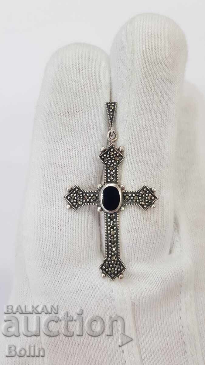 Silver cross with marcasites and onyx - 925 silver - Europe - 7