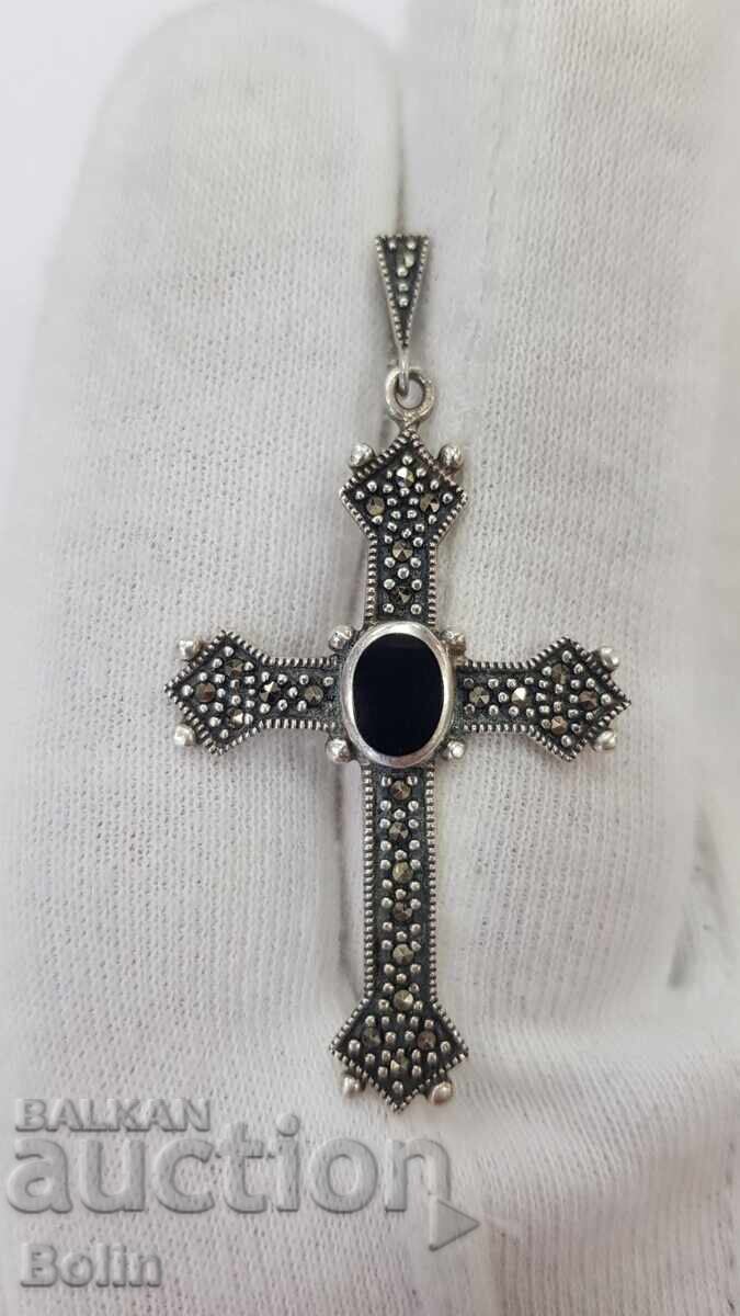Silver cross with marcasites and onyx - 925 silver - Europe