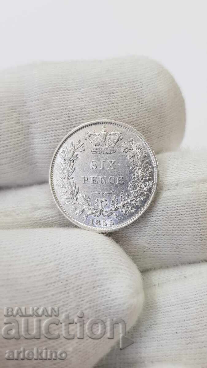 Rare Silver Coin 6 Pence 1855 Victoria-Great Britain