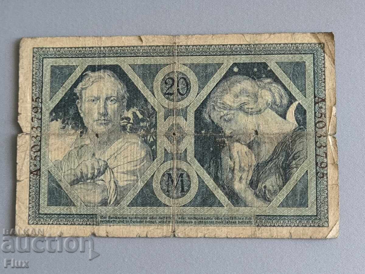 Райх банкнота - Германия - 20 марки | 1915г. с цена 9.50 лв. | € 4.86 Райх банкнота - Германия - 20 марки | 1915г. с цена 9.50 лв. | € 4.86