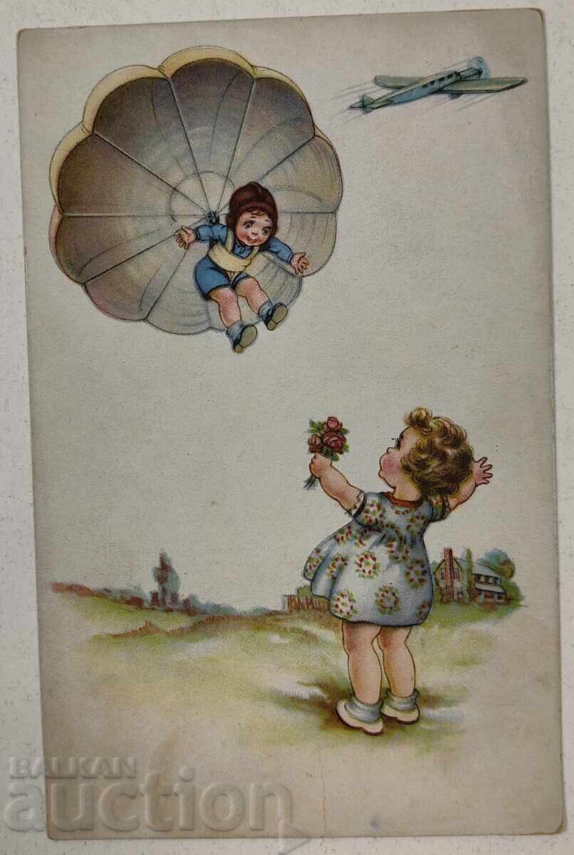 CHILD PARACHUTE OLD COLOR POSTCARD