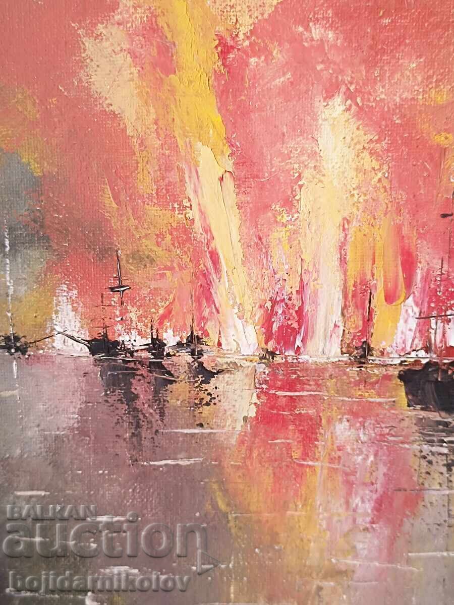 Παράδοση Αυθεντικός πίνακας/ΦΛΟΓΕΡΗ ΘΑΛΑΣΣΙΝΗ ΔΥΣΗ/46/36/υπογραφή/λάδι/κορνίζα