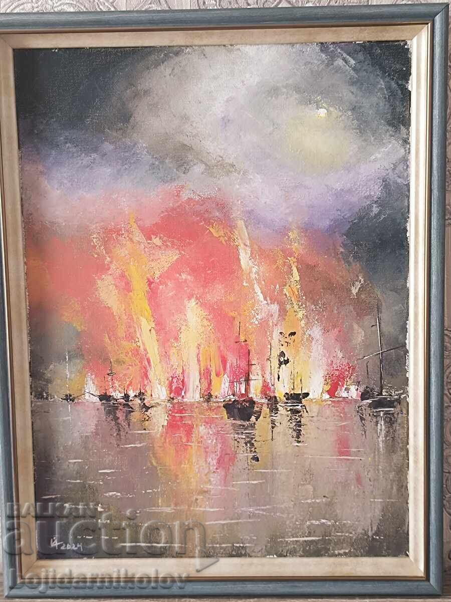 Original Painting / FIERY SEASCAPE SUNSET / 46/36/ signed / oil / framed - 5 Original Painting / FIERY SEASCAPE SUNSET / 46/36/ signed / oil / framed - 5