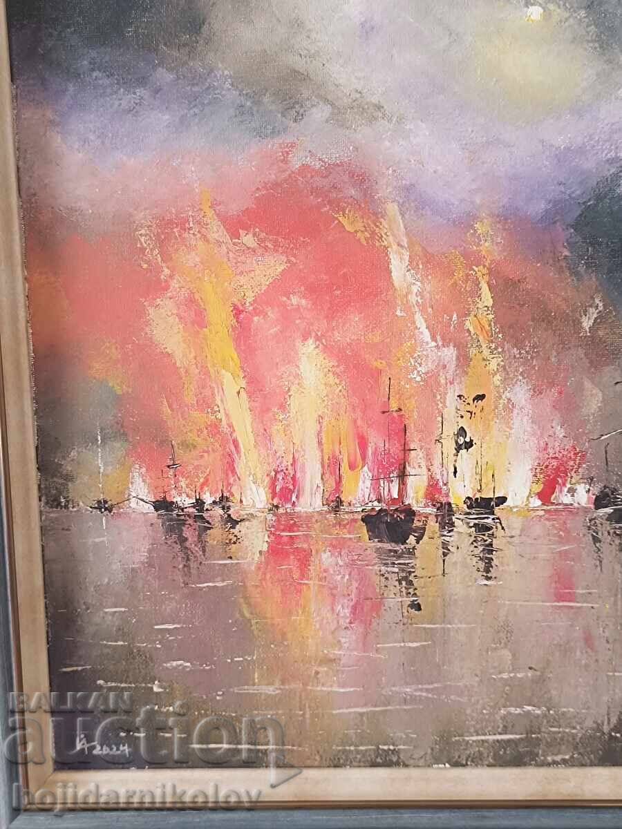 Original Painting / FIERY SEASCAPE SUNSET / 46/36/ signed / oil / framed - 6 Original Painting / FIERY SEASCAPE SUNSET / 46/36/ signed / oil / framed - 6