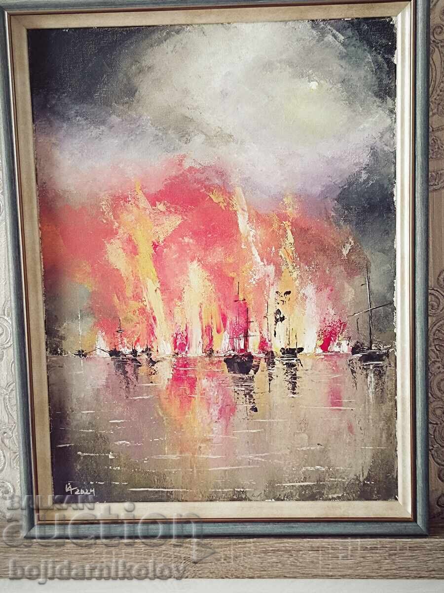Original Painting / FIERY SEASCAPE SUNSET / 46/36/ signed / oil / framed Original Painting / FIERY SEASCAPE SUNSET / 46/36/ signed / oil / framed