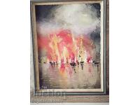 Original Painting / FIERY SEASCAPE SUNSET / 46/36/ signed / oil / framed