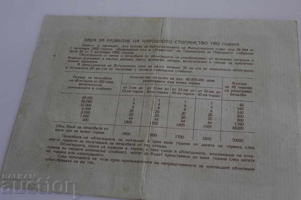 Auction . 1952 20 BGN BOND SECURITY BOOK SHARE BULGARIA Auction . 1952 20 BGN BOND SECURITY BOOK SHARE BULGARIA