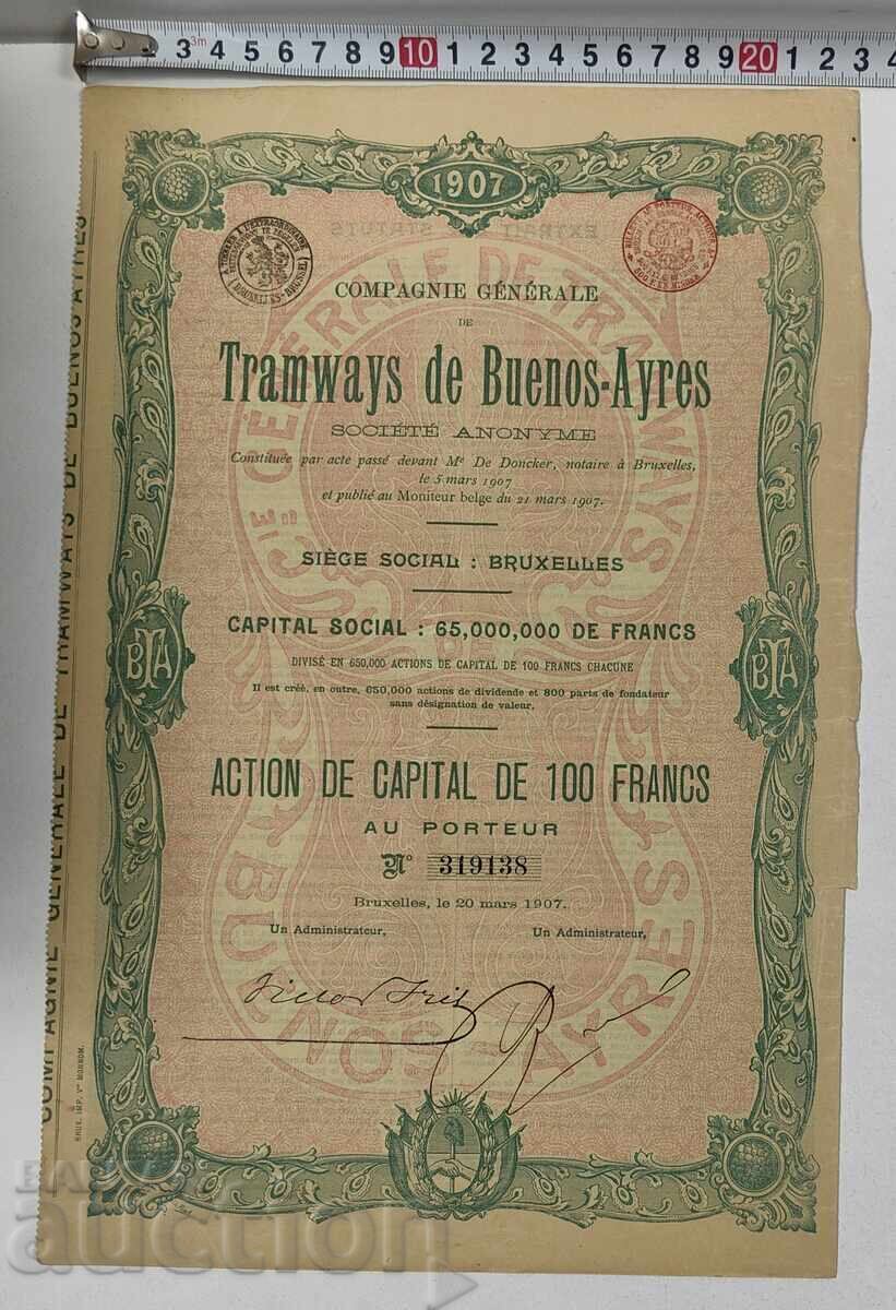 1907 BRUSSELS OLD SHARE STOCK SHARE DOCUMENT PART BOND