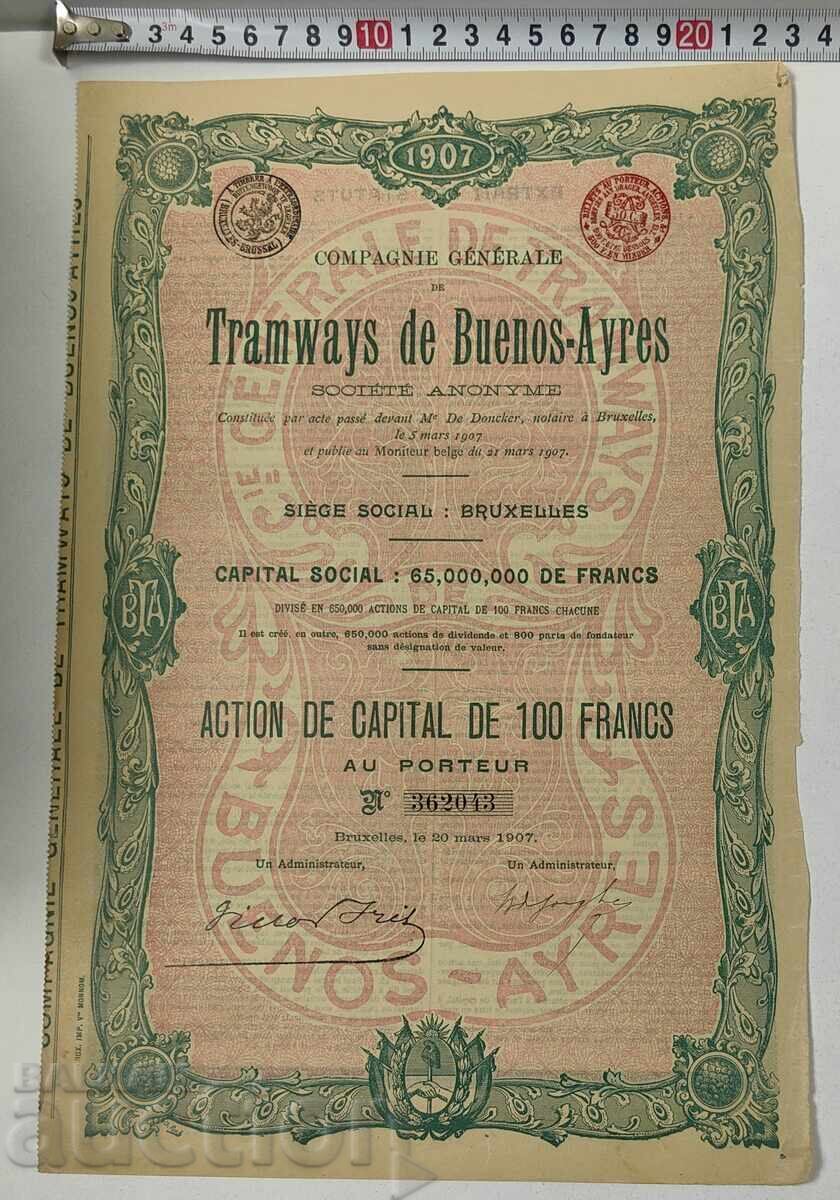 1907 BRUSSELS OLD SHARE STOCK SHARE DOCUMENT PART BOND