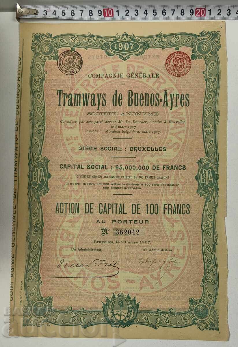 1907 BRUSSELS OLD SHARE STOCK SHARE DOCUMENT PART BOND