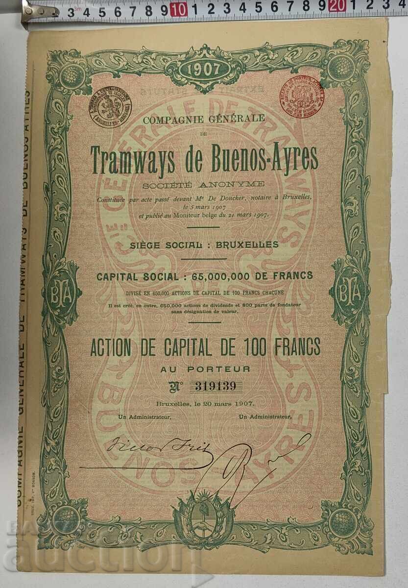 1907 BRUSSELS OLD SHARE STOCK SHARE DOCUMENT PART BOND