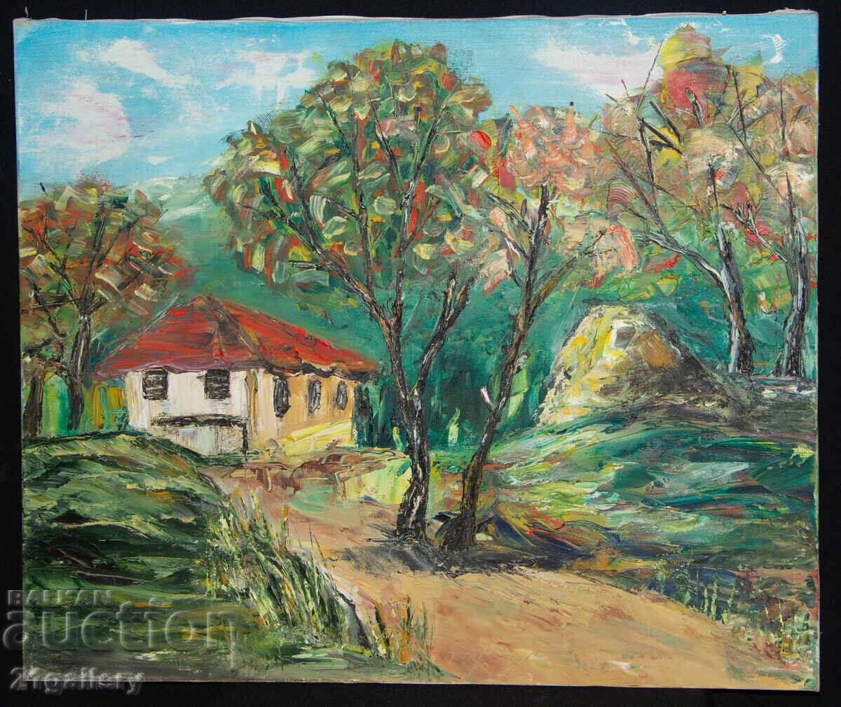 Аукцион Mаслена картина, селски път,  пейзаж