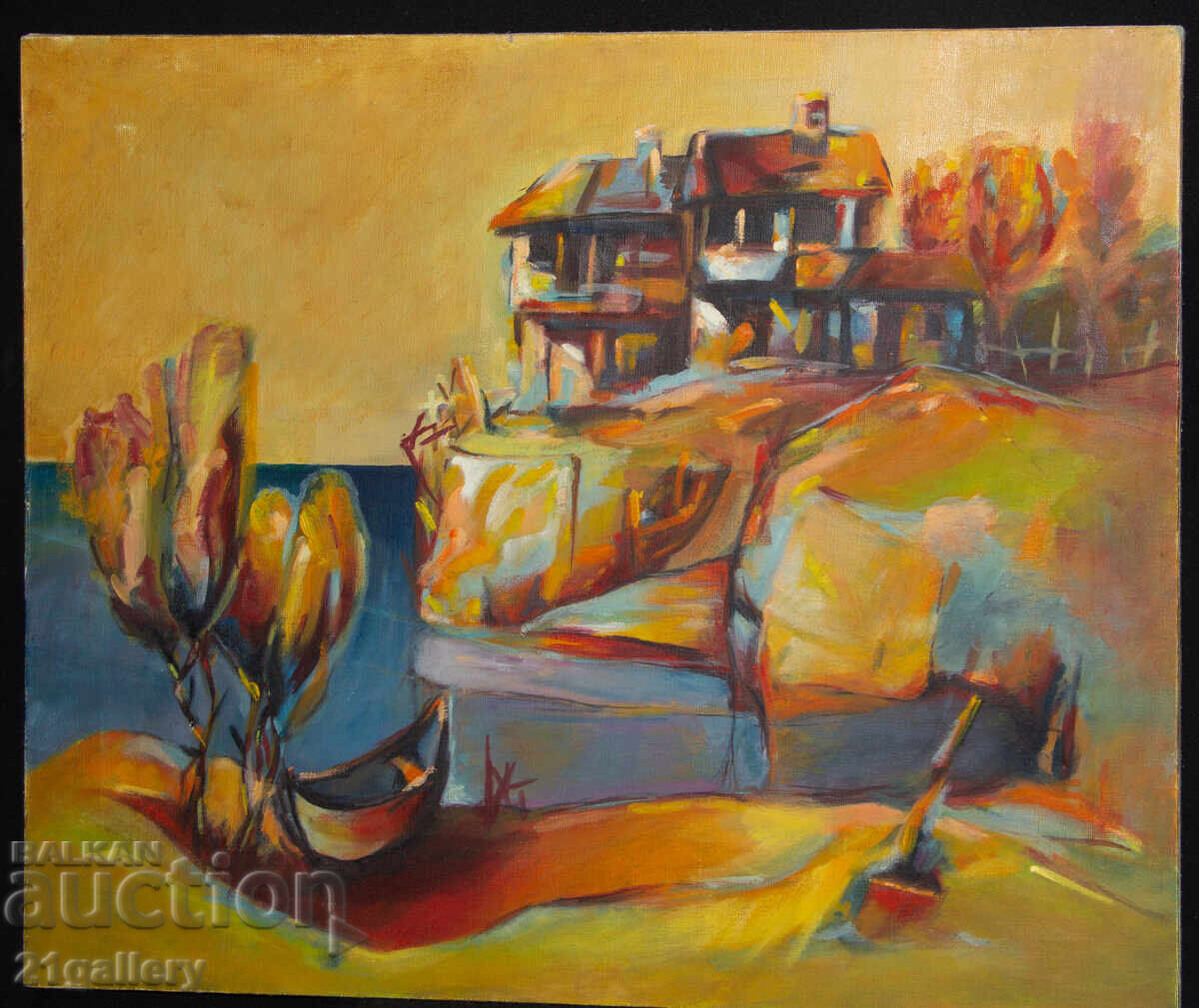 Ελαιογραφία, θαλάσσιο τοπίο με βάρκες με τιμή 500.00 BGN | € 255.65