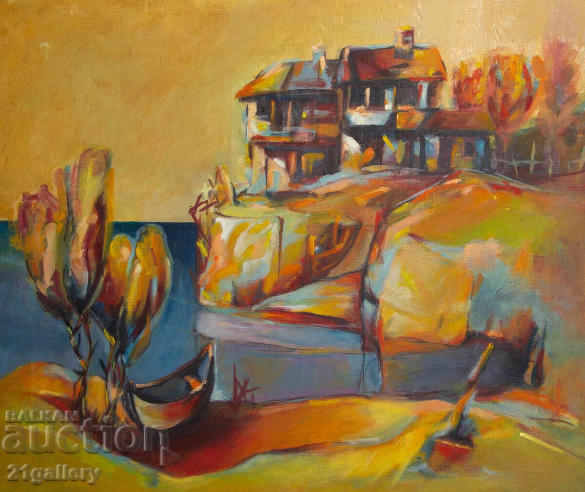 Δημοπρασία Ελαιογραφία, θαλάσσιο τοπίο με βάρκες