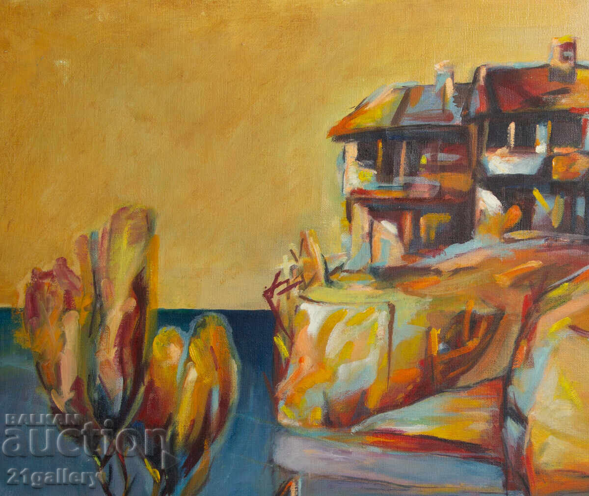 Παράδοση Ελαιογραφία, θαλάσσιο τοπίο με βάρκες