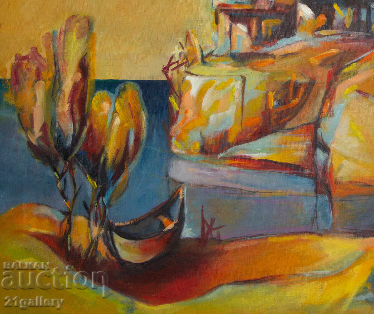 Ελαιογραφία, θαλάσσιο τοπίο με βάρκες - 5