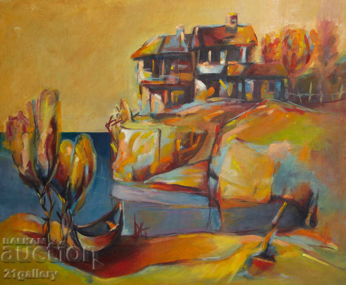 Ελαιογραφία, θαλάσσιο τοπίο με βάρκες