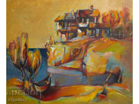 Ελαιογραφία, θαλάσσιο τοπίο με βάρκες