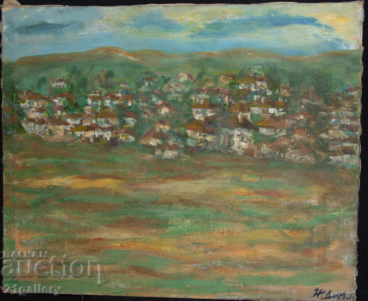 Old oil painting, rural landscape 1959 with price 550.00 BGN | € 281.21