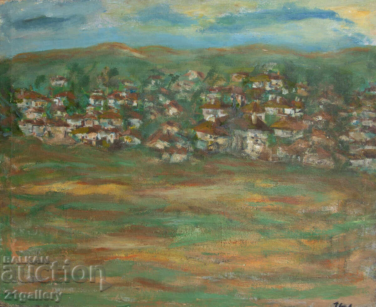 Old oil painting, rural landscape 1959