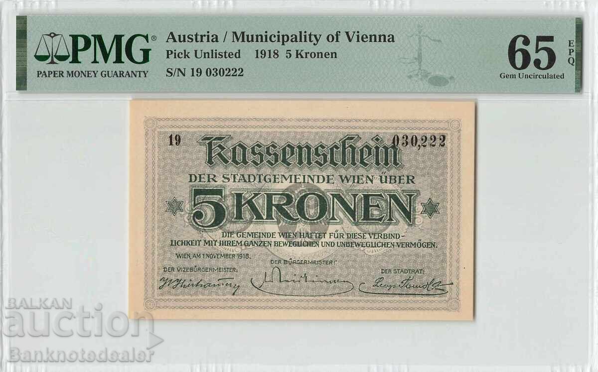 Austria 5 Kronen 1918 PMG Gem UNC 65 EPQ