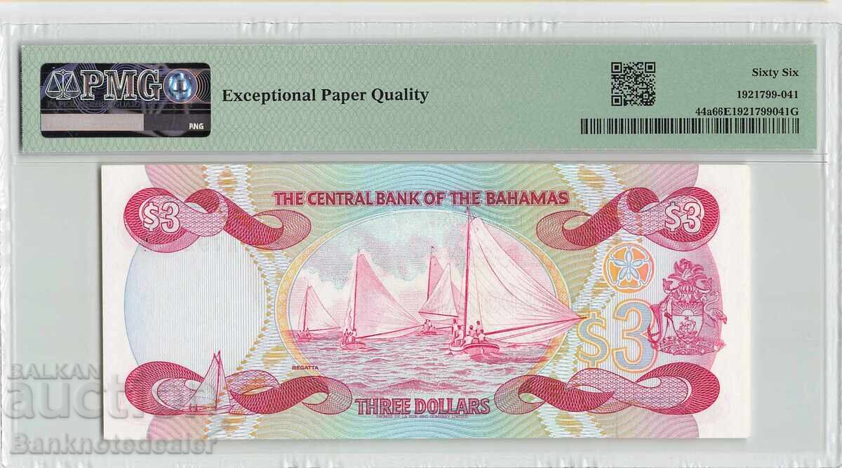 Bahamas 3 Dollars 1974 Pick 44a PMG Gem Uncirculated 66 Exceptional Paper Quality with price 130.00 BGN | € 66.47