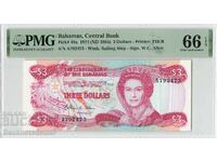 Bahamas 3 Dollars 1974 Pick 44a PMG Gem Uncirculated 66 Exceptional Paper Quality