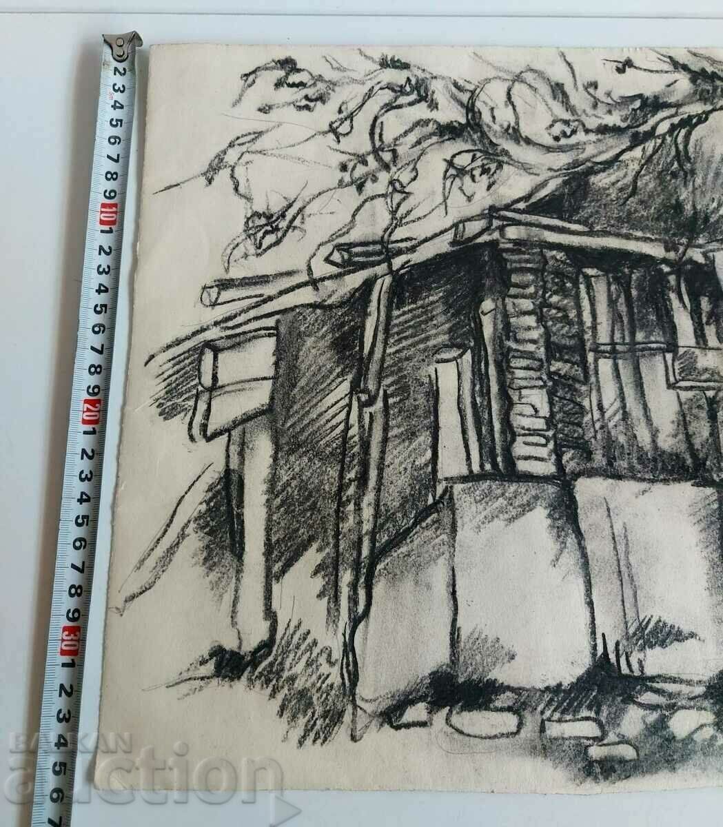 СТАРА РИСУНКА КАРТИНА ПЕЙЗАЖ СТАРА КЪЩА с цена 19.00 лв. | € 9.71