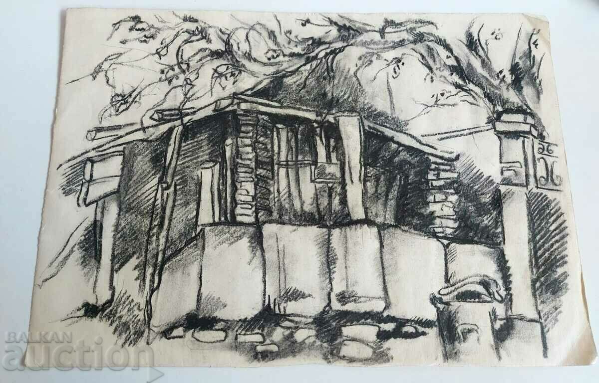 Аукцион СТАРА РИСУНКА КАРТИНА ПЕЙЗАЖ СТАРА КЪЩА