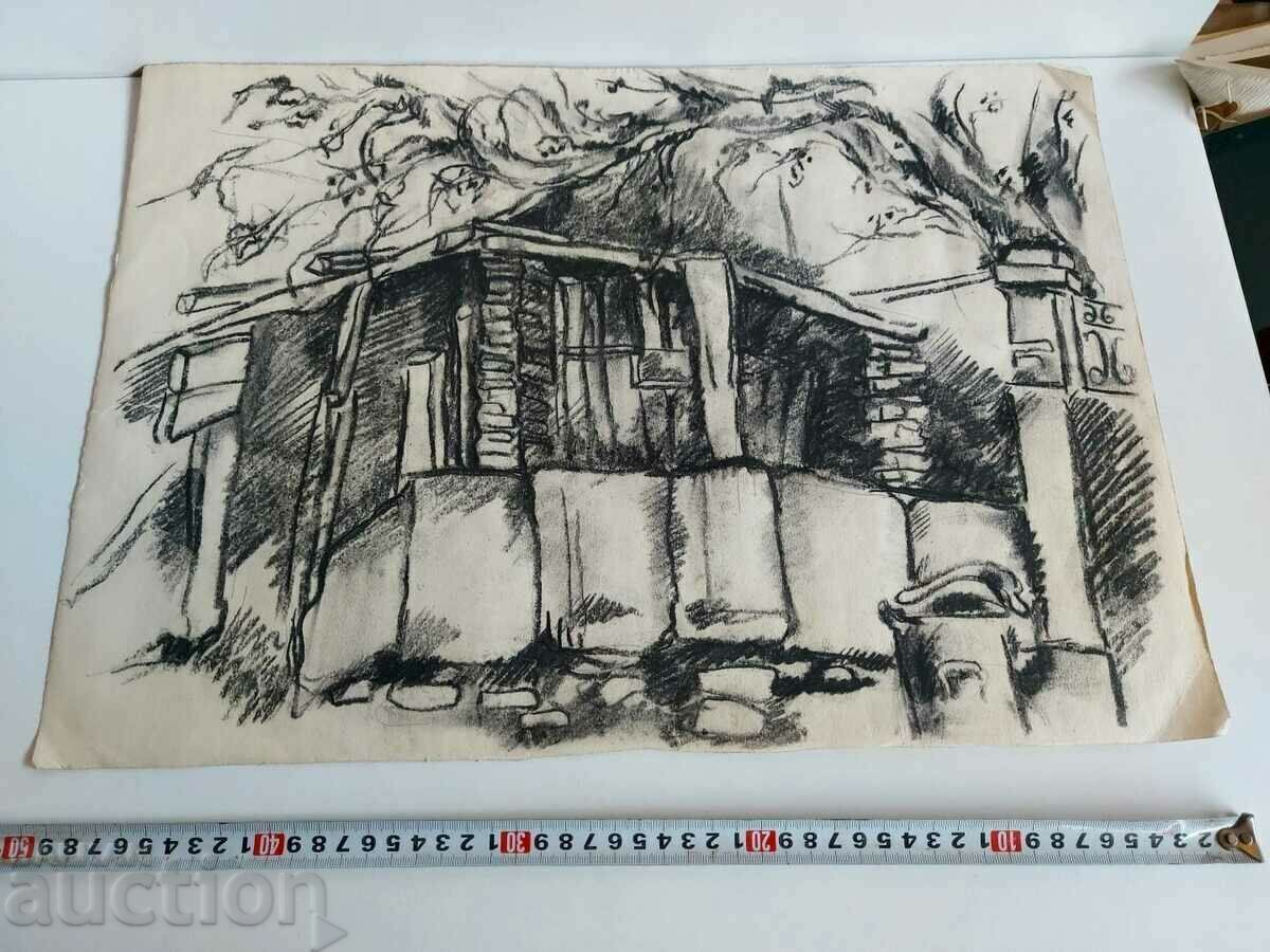 Доставка на СТАРА РИСУНКА КАРТИНА ПЕЙЗАЖ СТАРА КЪЩА