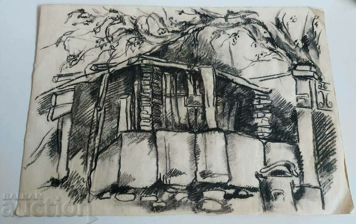 СТАРА РИСУНКА КАРТИНА ПЕЙЗАЖ СТАРА КЪЩА