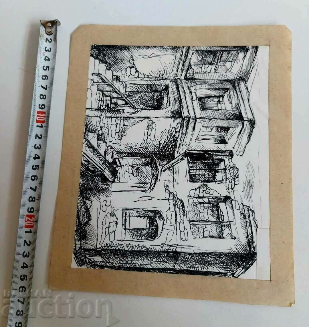 Δημοπρασία Παλαιό σχέδιο ζωγραφικής τοπίου με παλιό σπίτι