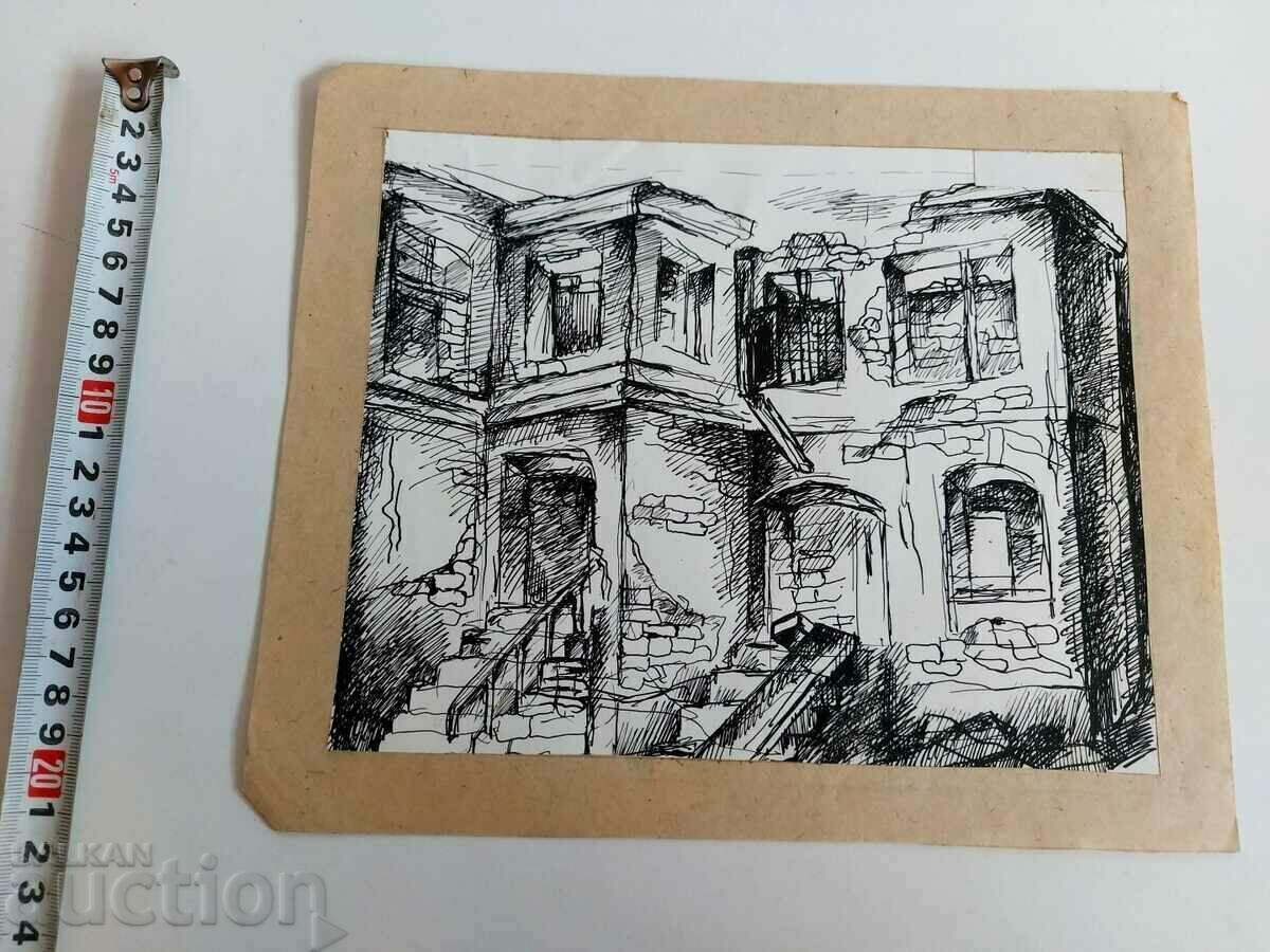 Παλαιό σχέδιο ζωγραφικής τοπίου με παλιό σπίτι