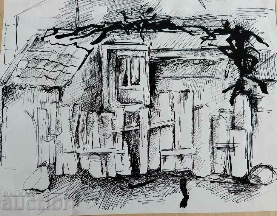Аукцион . СТАРА РИСУНКА КАРТИНА ПЕЙЗАЖ СТАРА КЪЩА