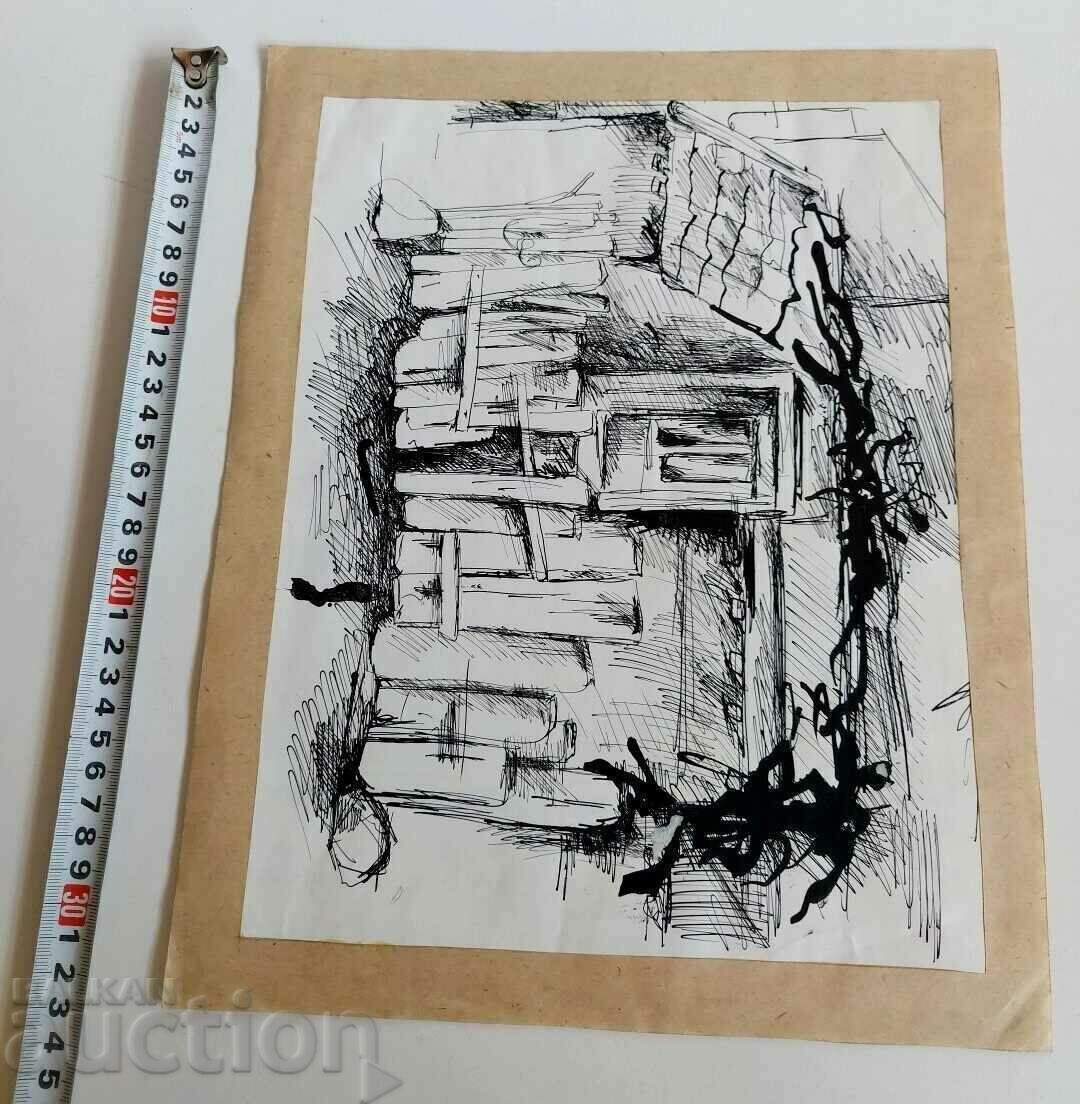 Доставка на . СТАРА РИСУНКА КАРТИНА ПЕЙЗАЖ СТАРА КЪЩА